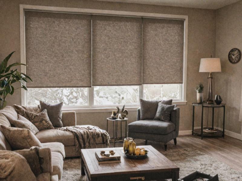 Luxury living room with custom motorized blinds in Bismarck home