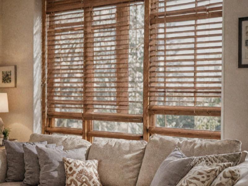Elegant living room with custom wood blinds showing perfect fit and finish