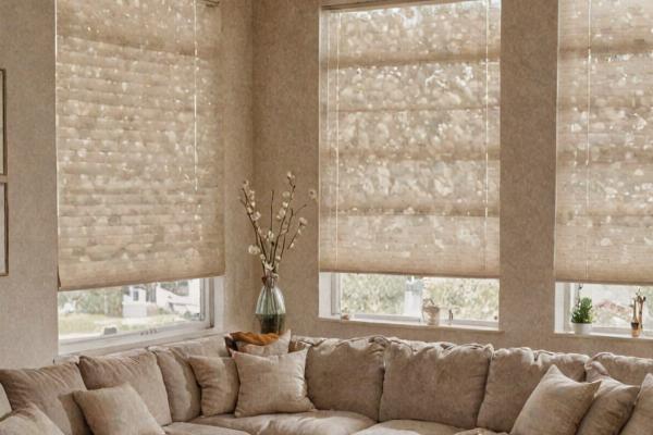 Living room with cream colored custom blinds and natural light