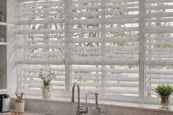 Modern kitchen with white aluminum blinds installation